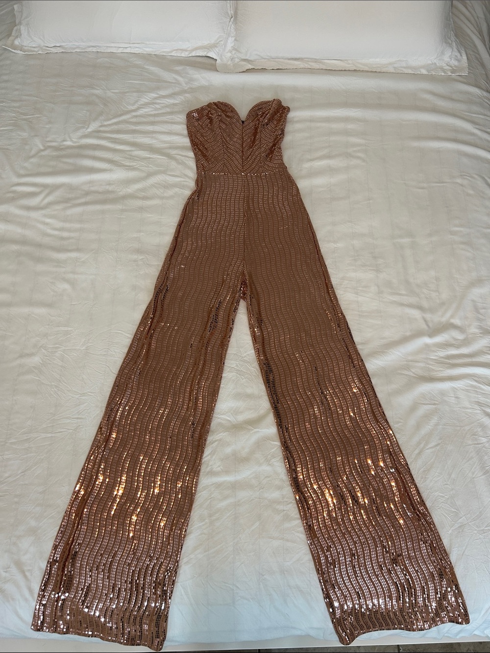 Windsor Rose Gold Sequin Strapless Wide-Leg Jumpsuit